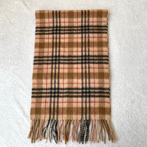 Amicale Pure Cashmere Scarf Tan Red Black Plaid Unisex 62 x11.5 Rectangle - Picture 2 of 4